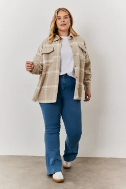 Online In the Style Check Button Through Shacket Cream