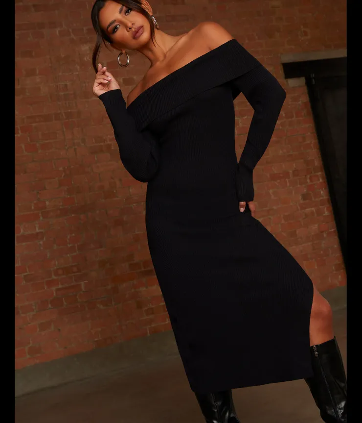 Outlet CHI CHI LONDON Bardot Split Detail Midi Jumper Dress in Black