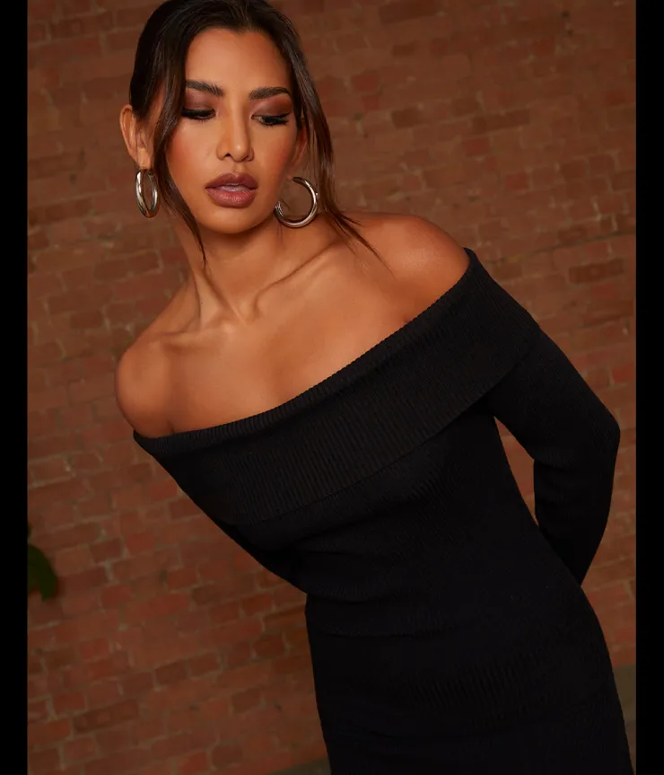 Outlet CHI CHI LONDON Bardot Split Detail Midi Jumper Dress in Black