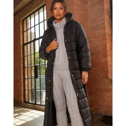 New CHI CHI LONDON Check Padded Longline Belted Coat in Black