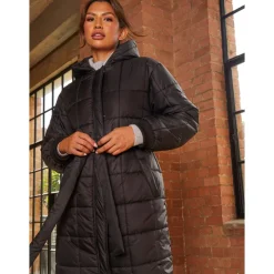 New CHI CHI LONDON Check Padded Longline Belted Coat in Black