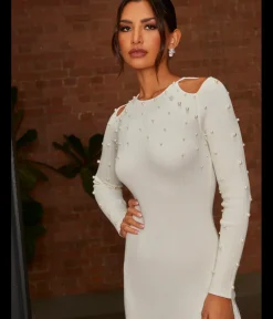 New CHI CHI LONDON Cold Shoulder Pearl Detail Rib Midi Dress in Cream