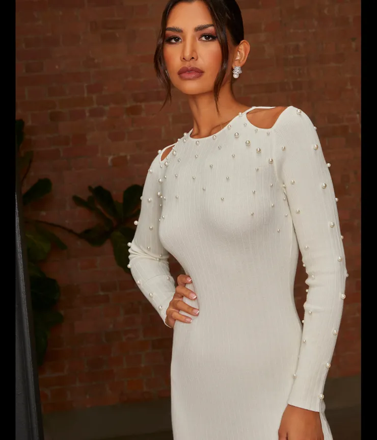 New CHI CHI LONDON Cold Shoulder Pearl Detail Rib Midi Dress in Cream