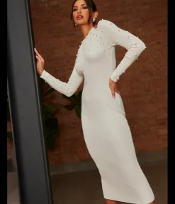 New CHI CHI LONDON Cold Shoulder Pearl Detail Rib Midi Dress in Cream
