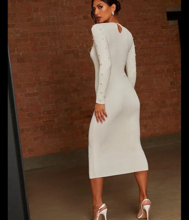New CHI CHI LONDON Cold Shoulder Pearl Detail Rib Midi Dress in Cream