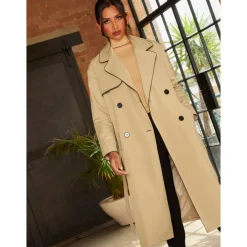 New CHI CHI LONDON Contrast Trim Belted Trench Coat in Camel