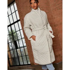 Online CHI CHI LONDON Diamond Quilted Longline Belted Coat in Cream