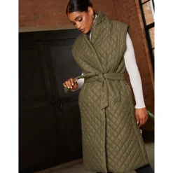 Clearance CHI CHI LONDON Diamond Quilted Longline Belted Gilet in Khaki