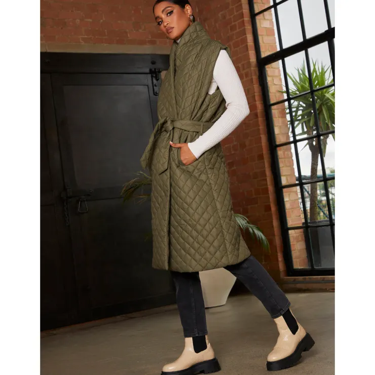 Clearance CHI CHI LONDON Diamond Quilted Longline Belted Gilet in Khaki