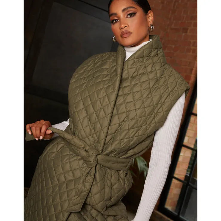 Clearance CHI CHI LONDON Diamond Quilted Longline Belted Gilet in Khaki