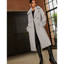 Sale CHI CHI LONDON Double Breasted Faux Fur Trim Coat in Grey