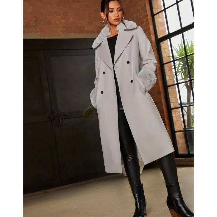 Sale CHI CHI LONDON Double Breasted Faux Fur Trim Coat in Grey