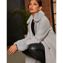 Sale CHI CHI LONDON Double Breasted Faux Fur Trim Coat in Grey