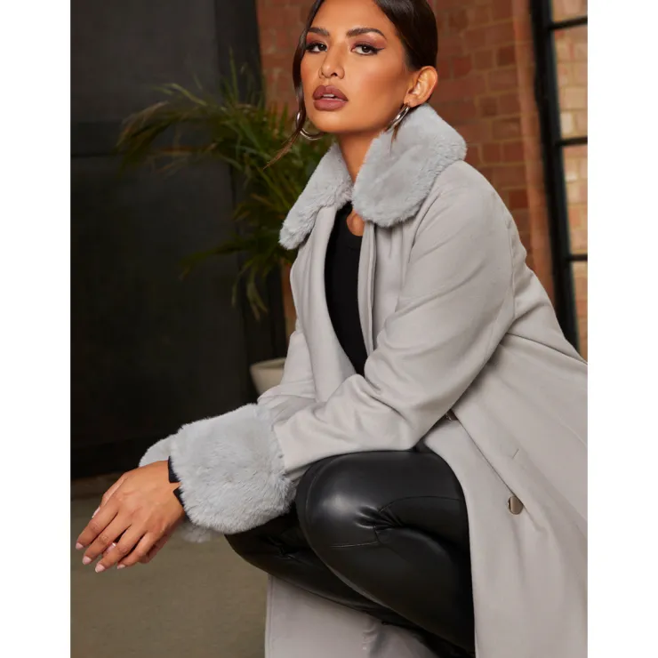 Sale CHI CHI LONDON Double Breasted Faux Fur Trim Coat in Grey