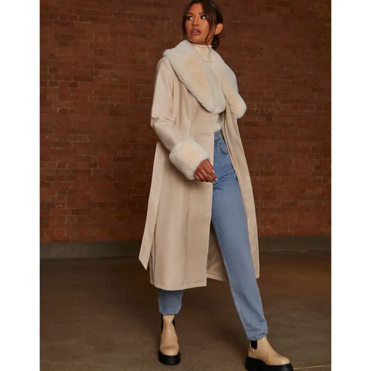 Online CHI CHI LONDON Faux Leather Longline Coat with Faux Fur Trim in Taupe