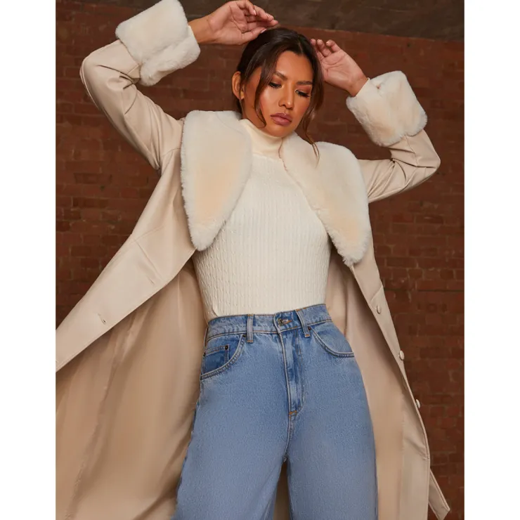 Online CHI CHI LONDON Faux Leather Longline Coat with Faux Fur Trim in Taupe