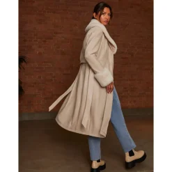 Online CHI CHI LONDON Faux Leather Longline Coat with Faux Fur Trim in Taupe