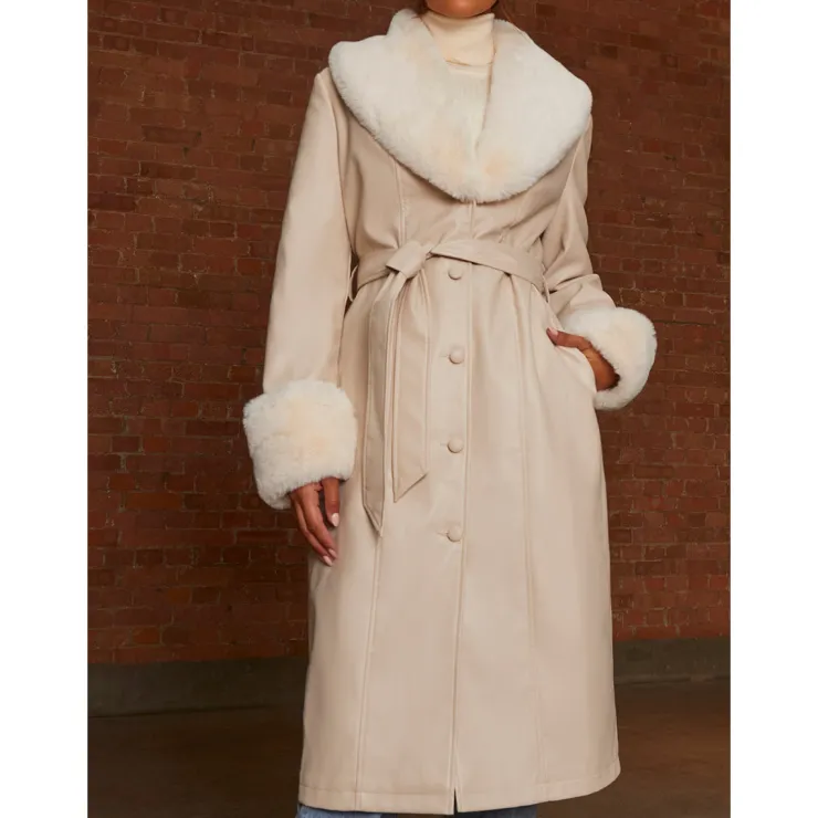 Online CHI CHI LONDON Faux Leather Longline Coat with Faux Fur Trim in Taupe