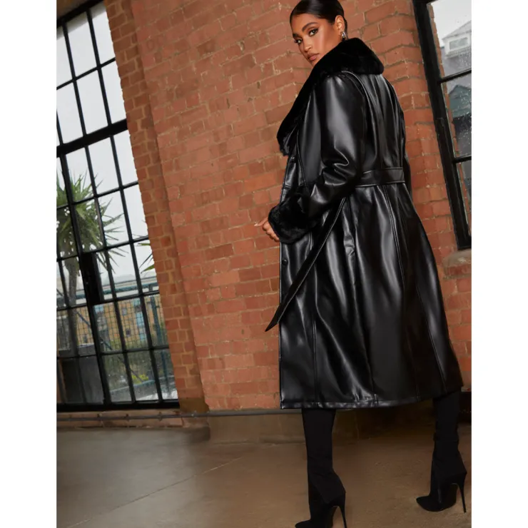 Best CHI CHI LONDON Faux Leather Longline Coat with Faux Fur Trim in Black