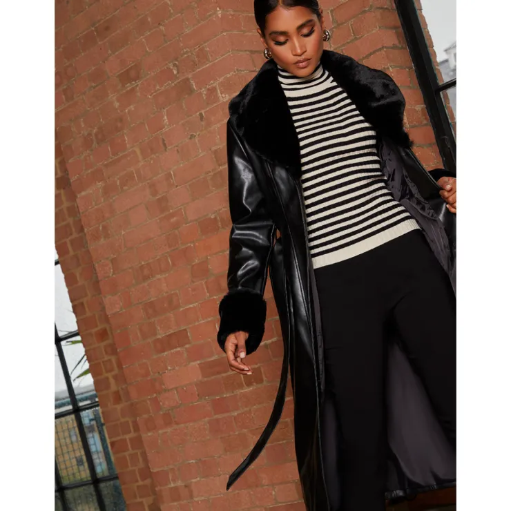 Best CHI CHI LONDON Faux Leather Longline Coat with Faux Fur Trim in Black