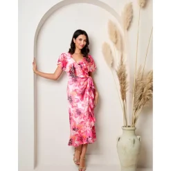 New CHI CHI LONDON Flutter Sleeve Satin Wrap Dress in Pink