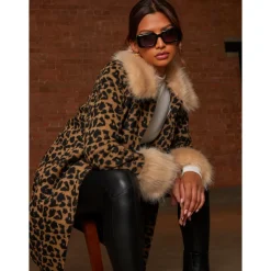 Clearance CHI CHI LONDON Leopard Print Contrast Faux Fur Trim Coat in Brown