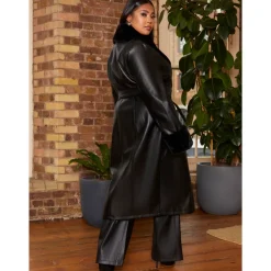 Hot CHI CHI LONDON Plus Size Faux Leather Longline Coat with Faux Fur Trim in Black