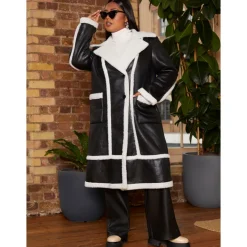 CHI CHI LONDON Plus Size Contrast Trim Belted Shearling Coat in Black