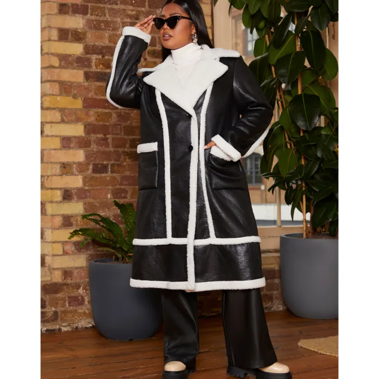 CHI CHI LONDON Plus Size Contrast Trim Belted Shearling Coat in Black