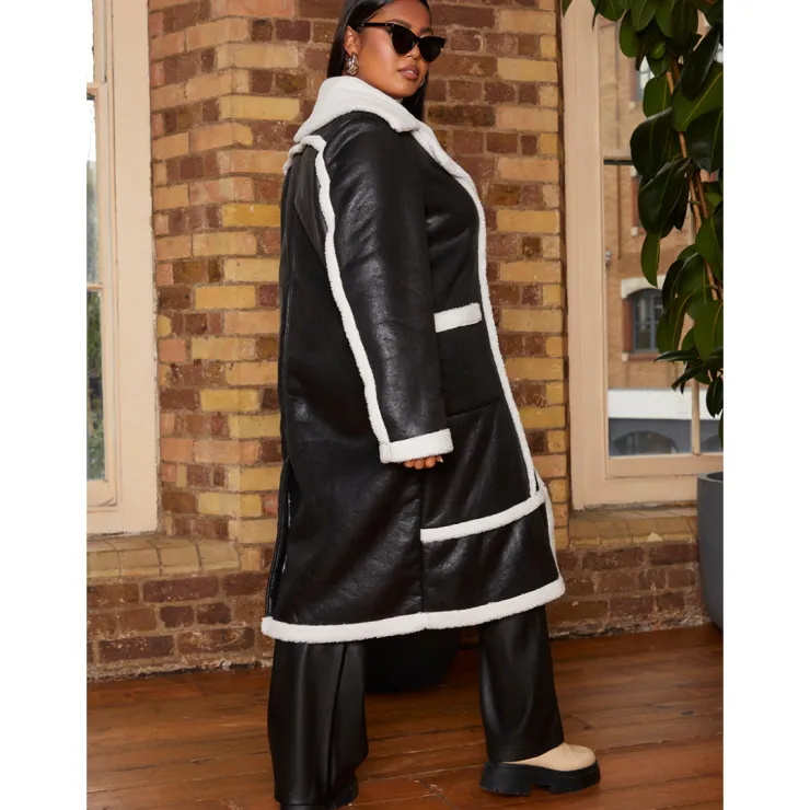 CHI CHI LONDON Plus Size Contrast Trim Belted Shearling Coat in Black