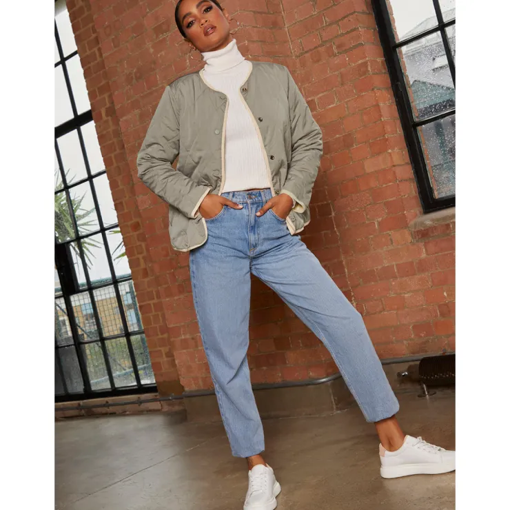 New CHI CHI LONDON Reversible Quilted Short Jacket in Cream and Khaki