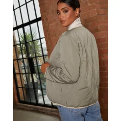 New CHI CHI LONDON Reversible Quilted Short Jacket in Cream and Khaki