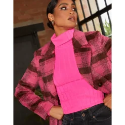 Clearance CHI CHI LONDON Single Breasted Check Coat in Pink