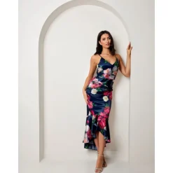 CHI CHI LONDON Sleeveless Floral Print Ruffle Hem Midi Dress in Navy