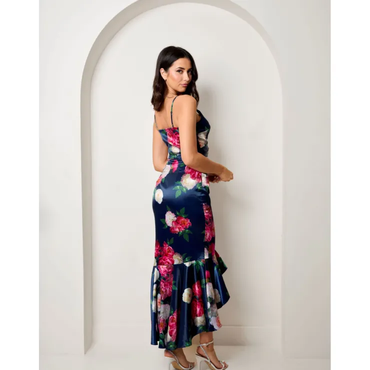 CHI CHI LONDON Sleeveless Floral Print Ruffle Hem Midi Dress in Navy
