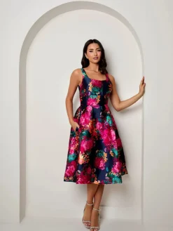 CHI CHI LONDON Sleeveless Floral Fit and Flare Midi Dress in Navy