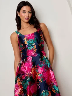 CHI CHI LONDON Sleeveless Floral Fit and Flare Midi Dress in Navy