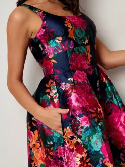 CHI CHI LONDON Sleeveless Floral Fit and Flare Midi Dress in Navy