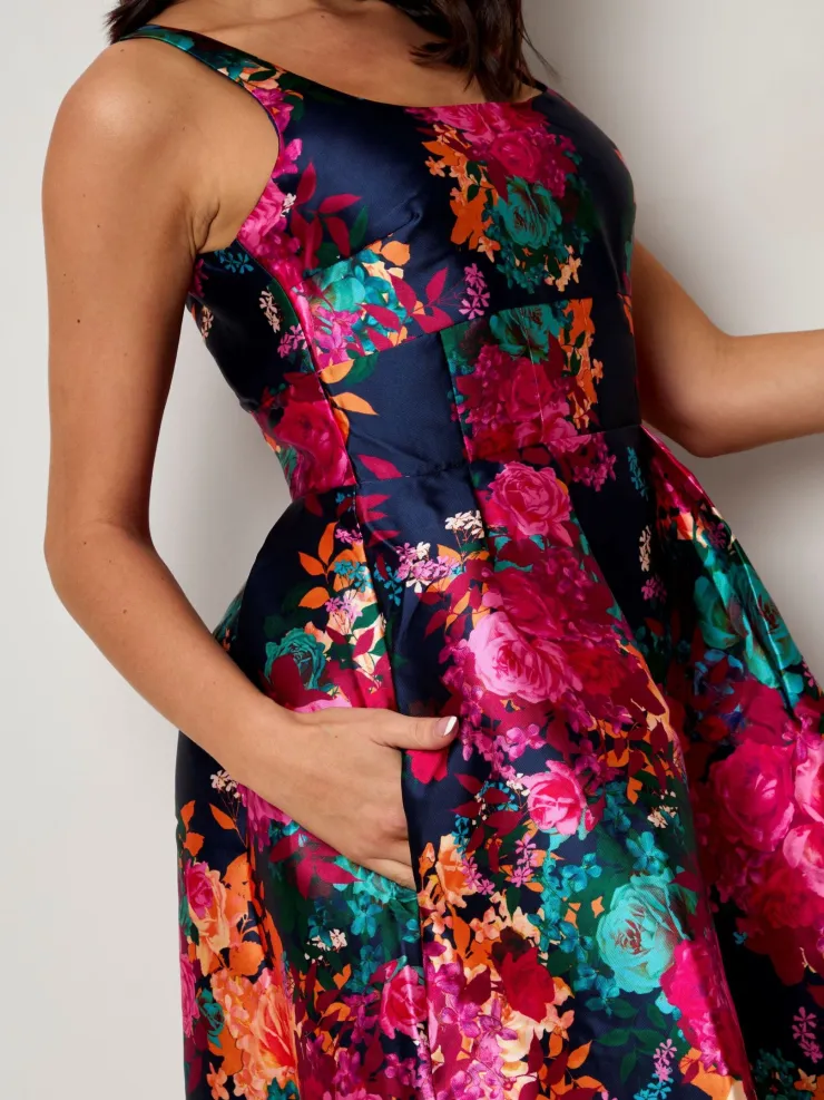 CHI CHI LONDON Sleeveless Floral Fit and Flare Midi Dress in Navy