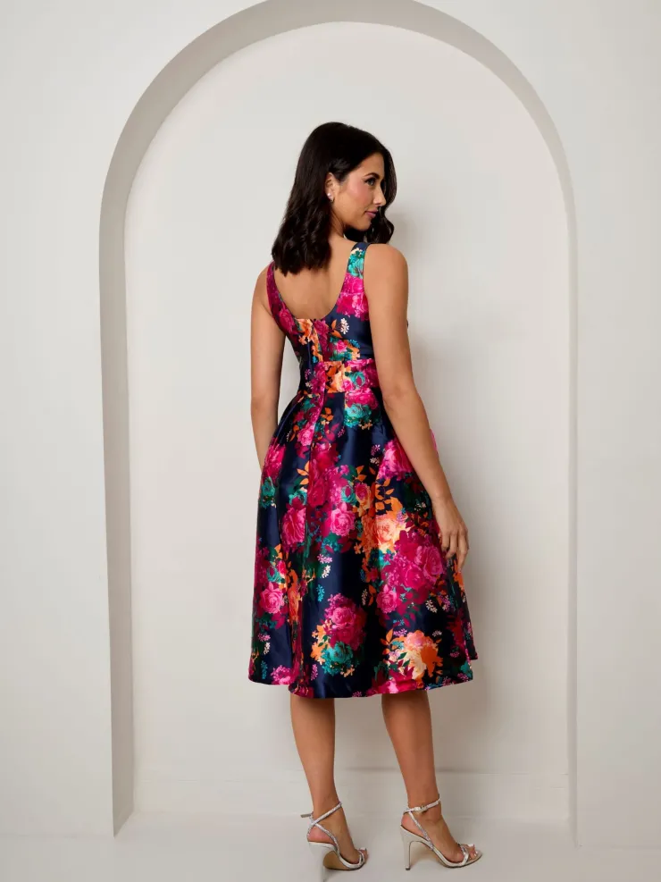 CHI CHI LONDON Sleeveless Floral Fit and Flare Midi Dress in Navy