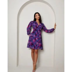 Hot CHI CHI LONDON V Neck Floral Printed Chiffon Dress in Purple