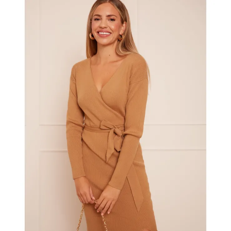 Hot CHI CHI LONDON Wrap Split Side Knitted Midi Dress in Camel
