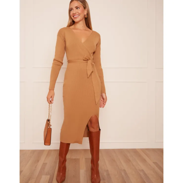 Hot CHI CHI LONDON Wrap Split Side Knitted Midi Dress in Camel