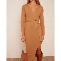 Hot CHI CHI LONDON Wrap Split Side Knitted Midi Dress in Camel