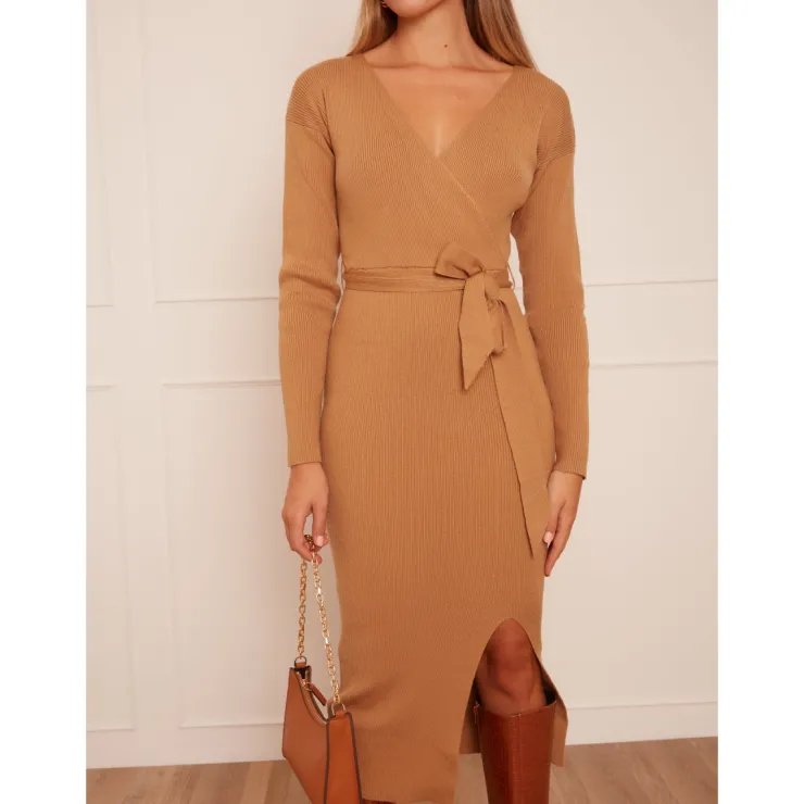 Hot CHI CHI LONDON Wrap Split Side Knitted Midi Dress in Camel