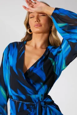 Best In the Style Chiffon Abstract Drape Wrap Mini Dress Black