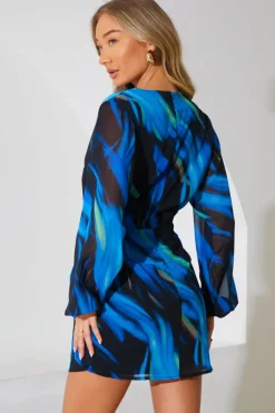 Best In the Style Chiffon Abstract Drape Wrap Mini Dress Black