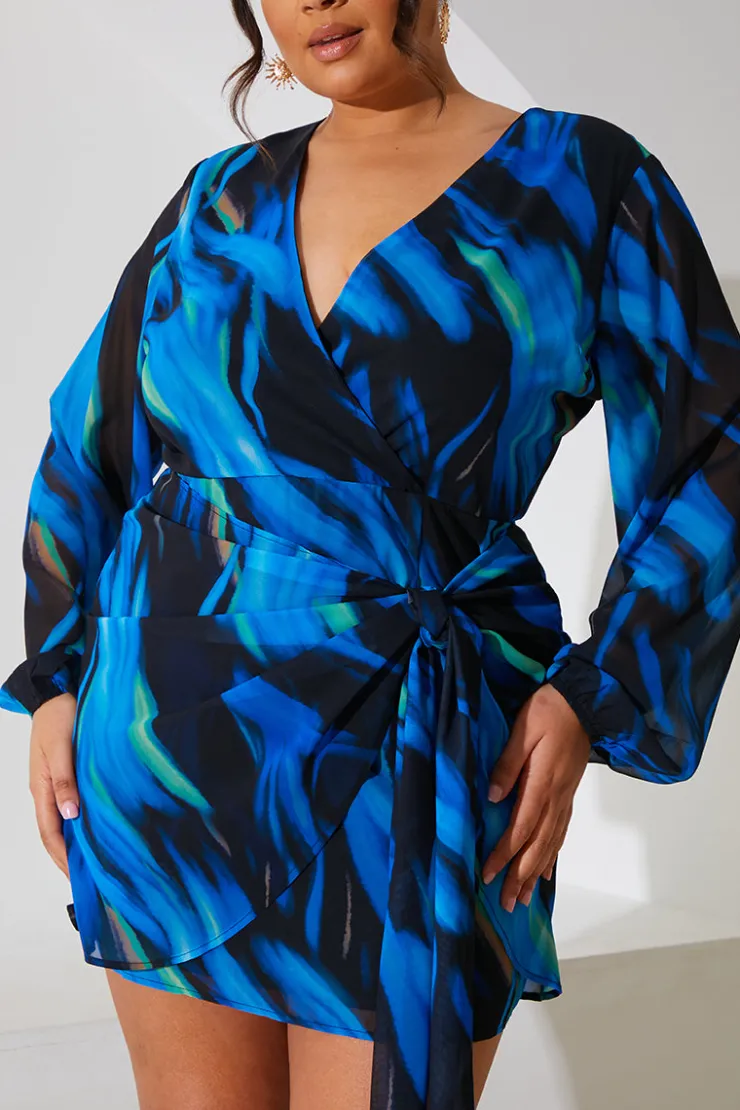 Best In the Style Chiffon Abstract Drape Wrap Mini Dress Black