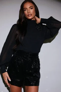Online In the Style Chiffon Balloon Sleeve Detachable Corsage Blouse Black