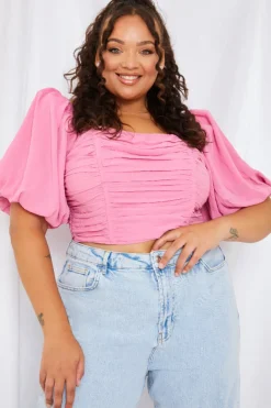 Outlet In the Style Chiffon Bandeau Balloon Sleeve Top Pink